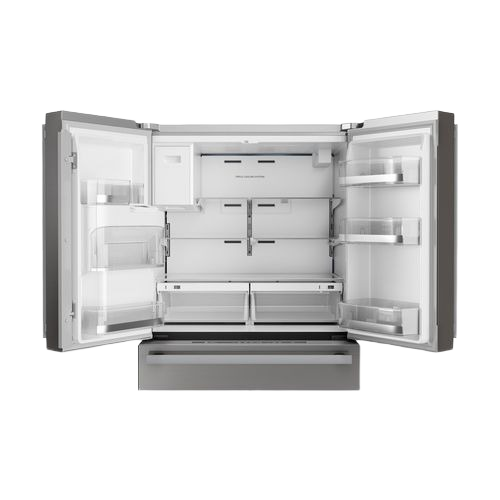 Open stainless steel 4-door refrigerator with spacious interior, adjustable shelving, and fresh storage compartments in appliances collection