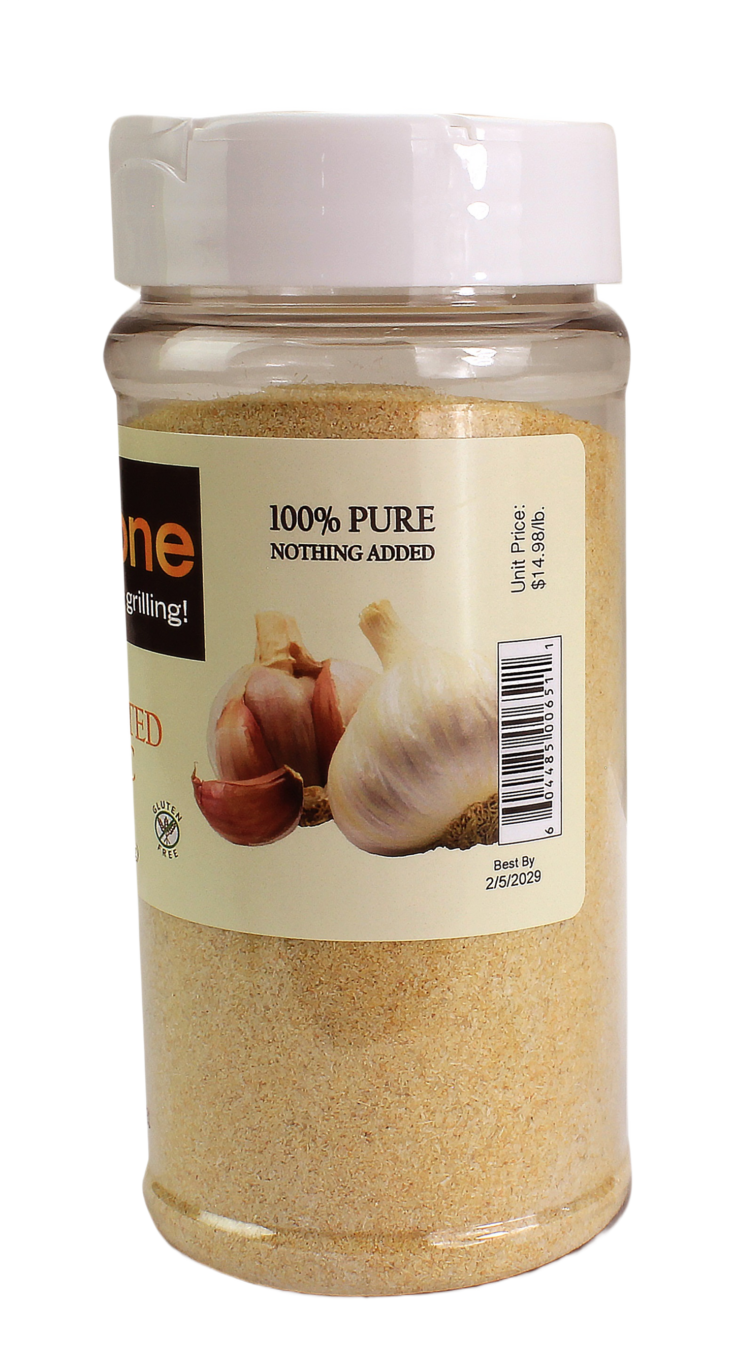 Clear plastic jar of granulated garlic seasoning with white lid for grilling and outdoor living collections