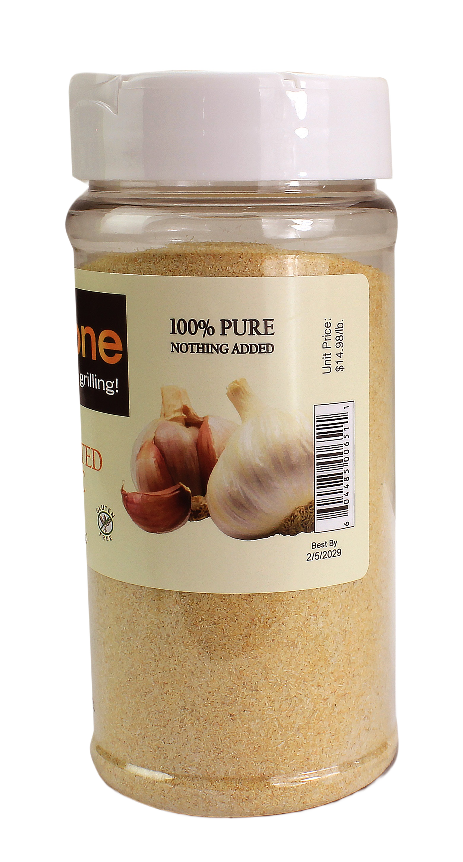Clear plastic jar of granulated garlic seasoning with white lid for grilling and outdoor living collections