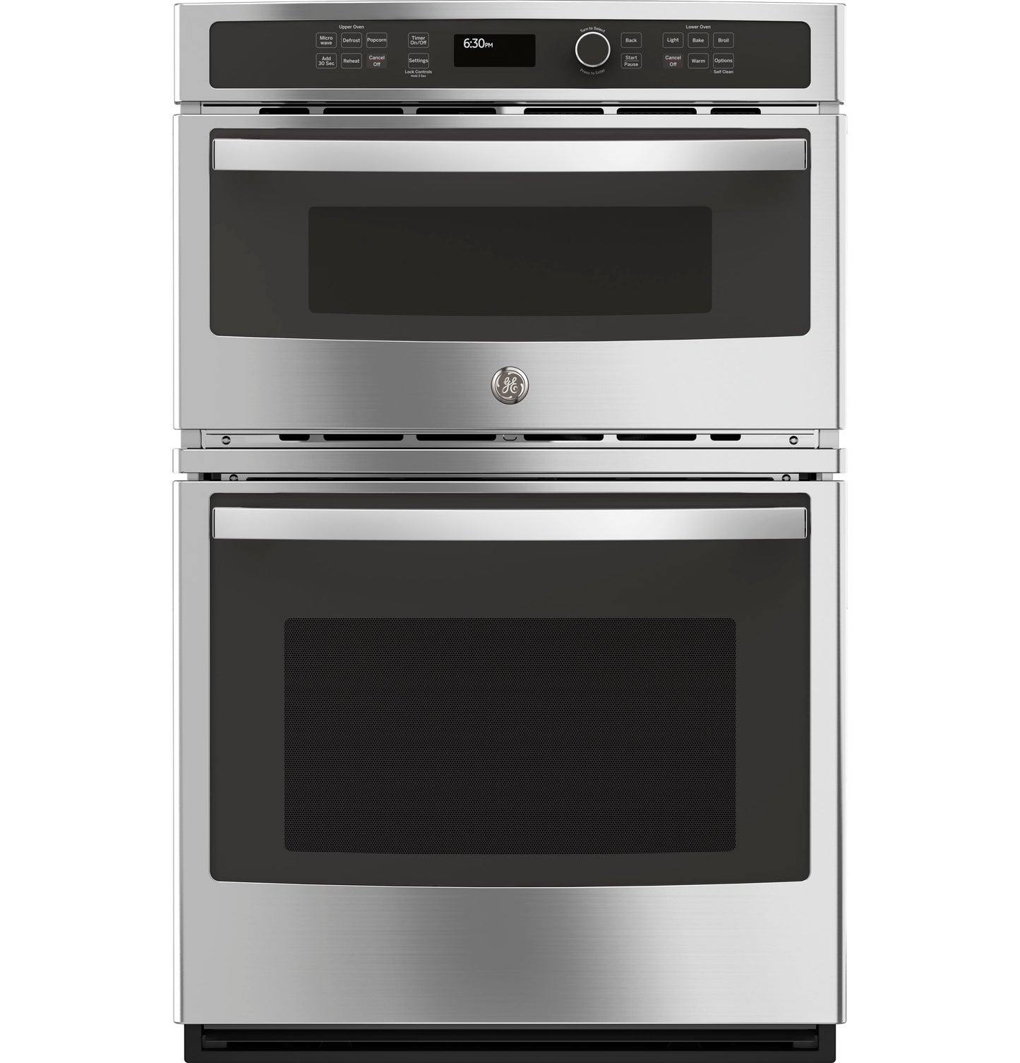 Stainless steel built-in combination microwave and thermal wall oven with digital controls and black glass doors in kitchen setting
