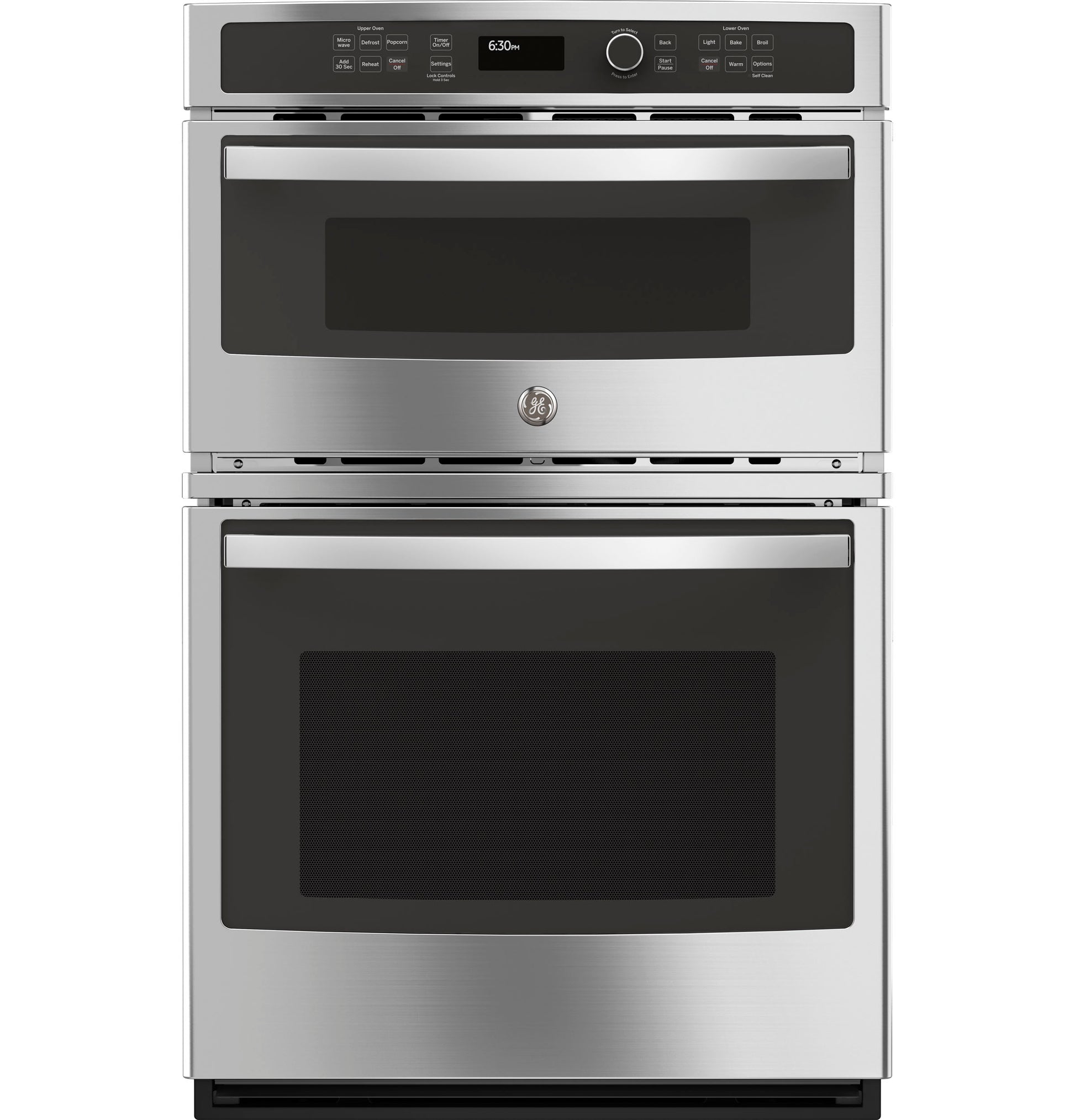 Stainless steel built-in combination microwave and thermal wall oven with digital controls and black glass doors in kitchen setting