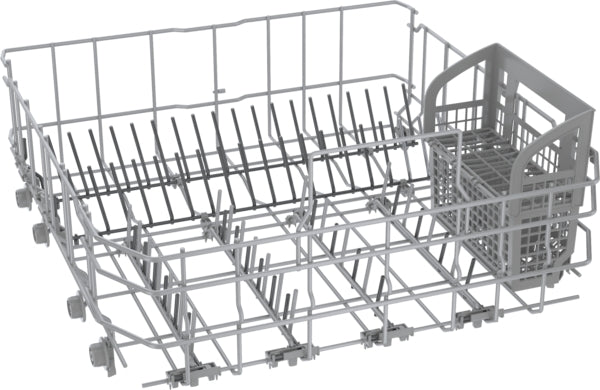 Lower rack for dishwasher with utensil holder and adjustable tines in a gray wireframe design