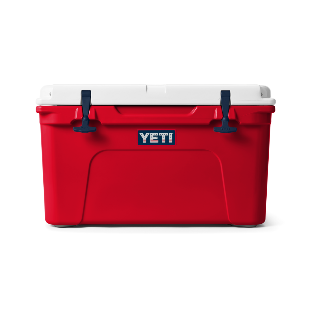 Red and white hard cooler with durable latch locks and insulated design for food storage and outdoor use in YETI collection