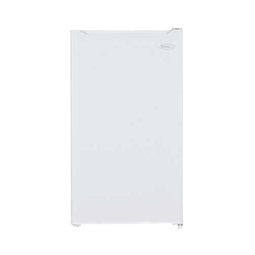 Compact white refrigerator with full width freezer section, suitable for kitchen and appliance collections.