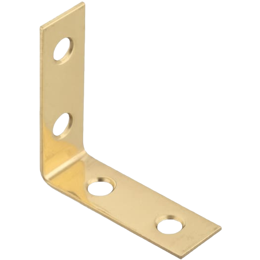 Solid brass corner brace with four screw holes for reinforcing corners in building hardware and home improvement projects