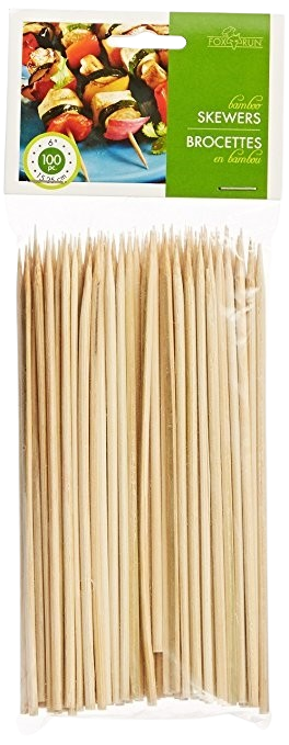 Pack of 100 natural bamboo skewers, 6 inches long, for use in kitchen utensils and cooking gadgets collections
