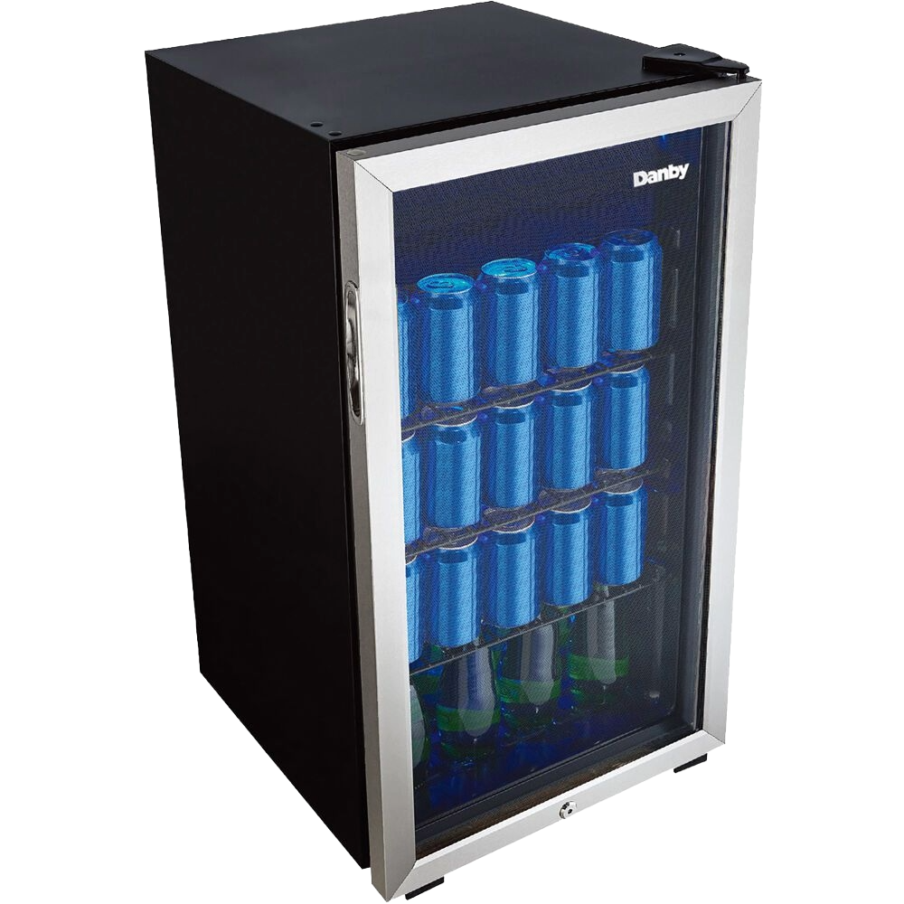 Compact freestanding beverage fridge with tempered glass door, wire shelves, stocked with blue cans and bottles inside