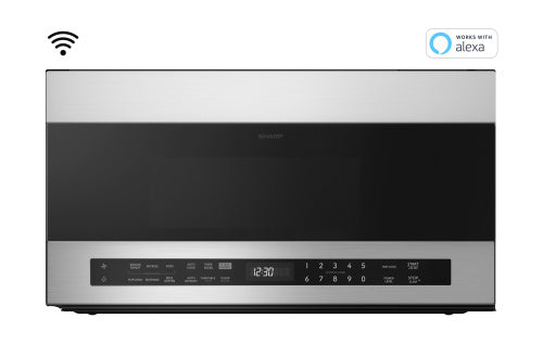 Stainless steel smart over-the-range microwave with black glass door and digital control panel in Microwaves and Kitchen & Kitchenware collections