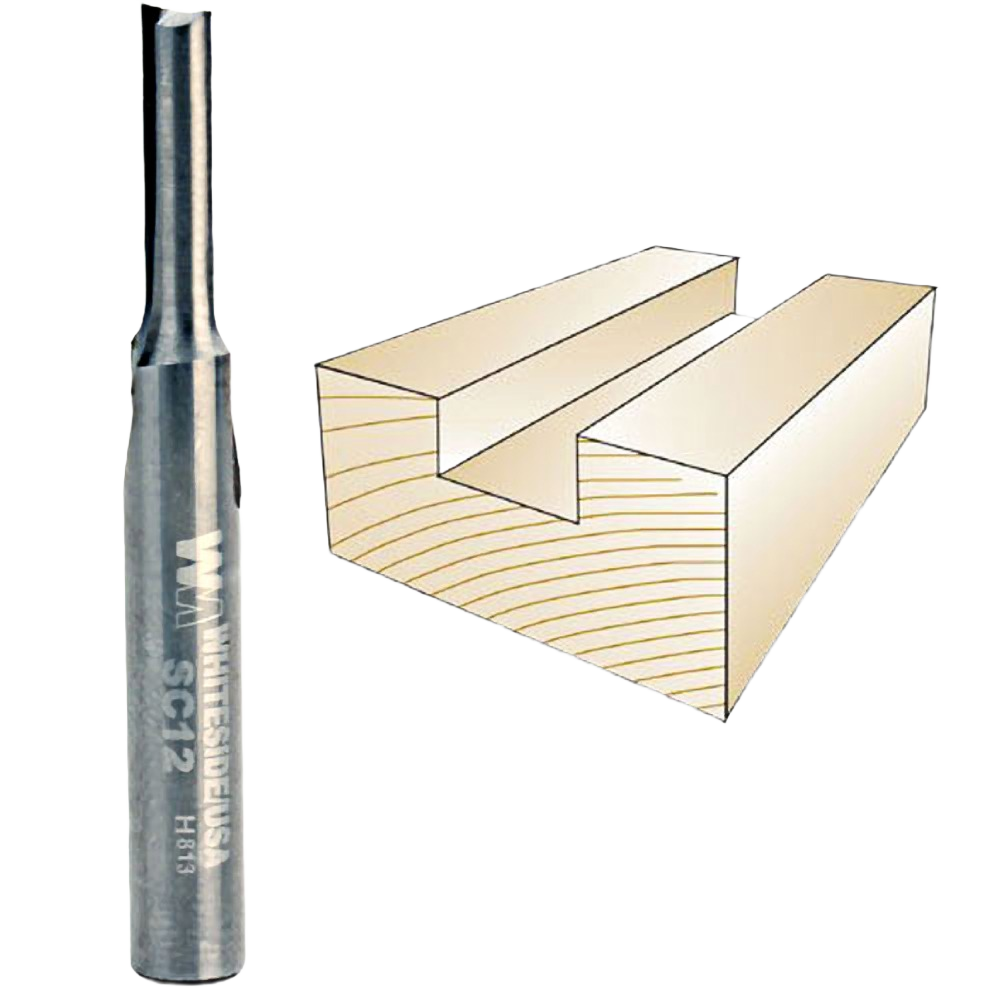 Solid carbide straight router bit next to illustration of a clean, precise groove in wood for woodworking tools and accessories collections