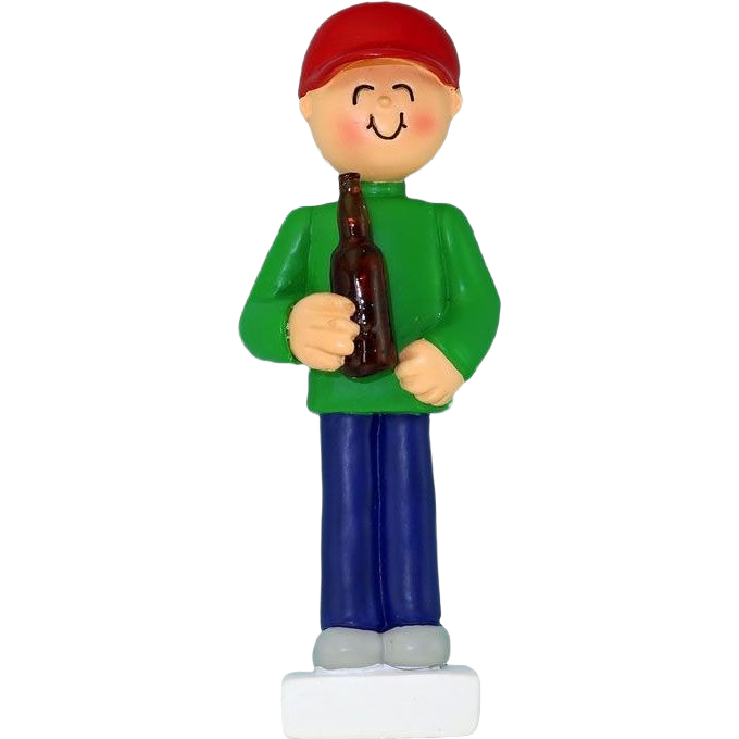 Smiling male figurine in green shirt and red cap holding a brown beer bottle for Christmas tree decoration
