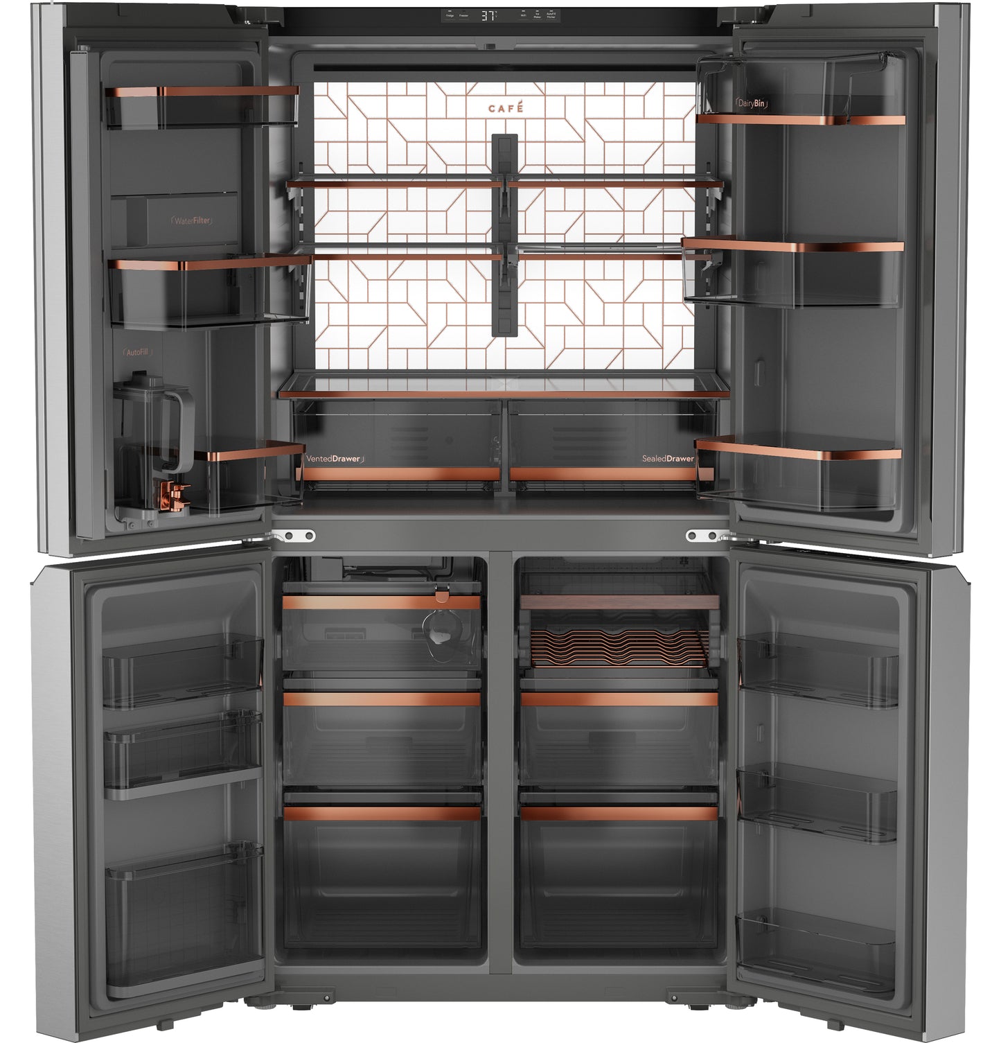 Open smart quad-door refrigerator in platinum glass with spacious shelves and dual-dispense AutoFill pitcher from appliances collection