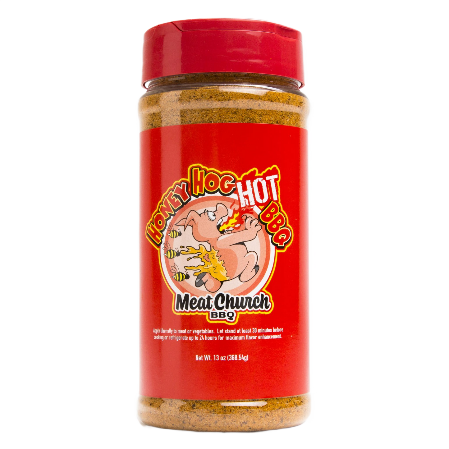Red container of gluten-free hot BBQ rub with spicy honey hog label for grilling and outdoor cooking under $50
