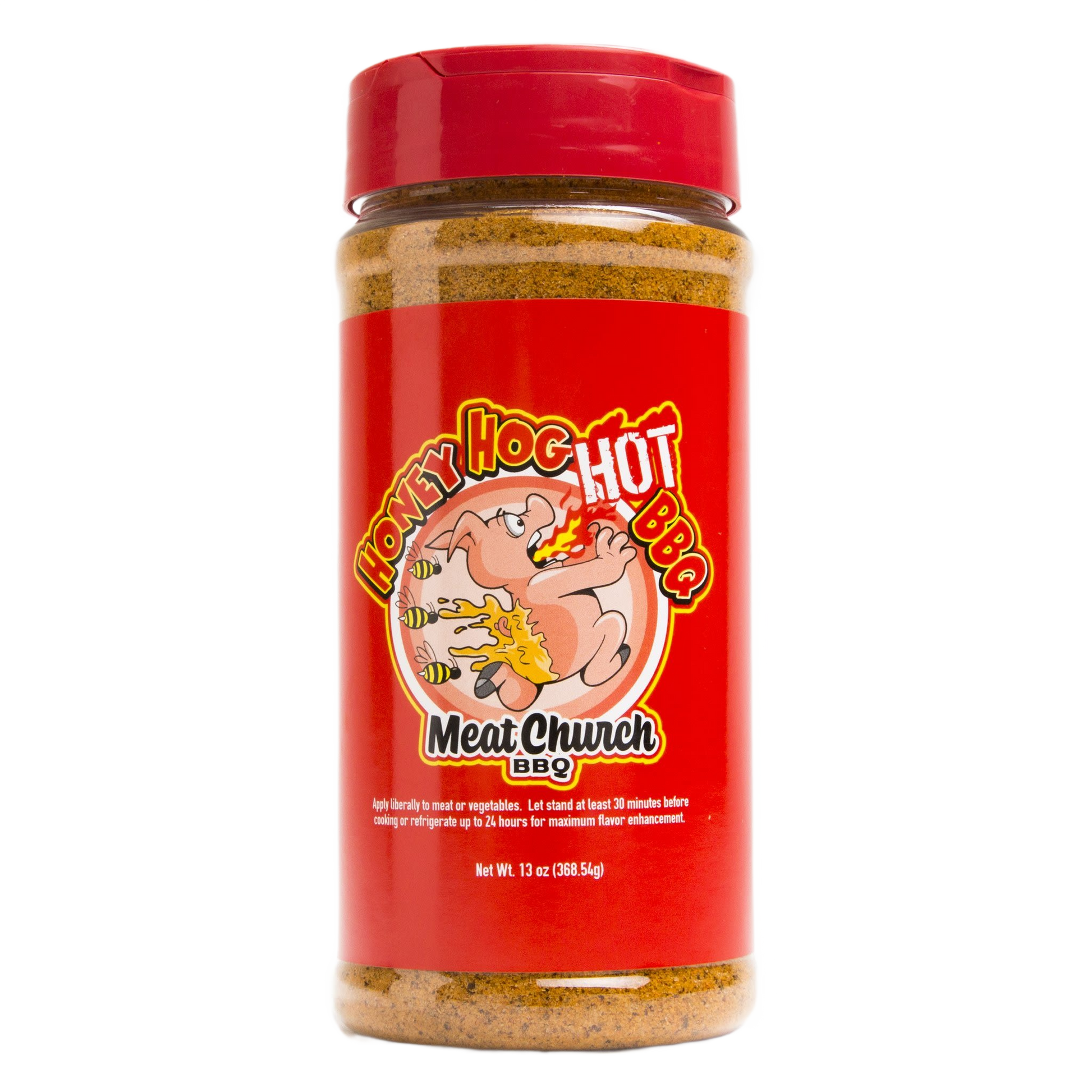 Red container of gluten-free hot BBQ rub with spicy honey hog label for grilling and outdoor cooking under $50