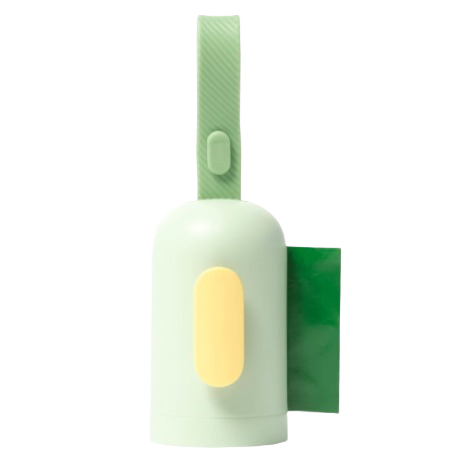 Pale green dog waste dispenser with textured hanging strap and yellow pop-out button holding green waste bags