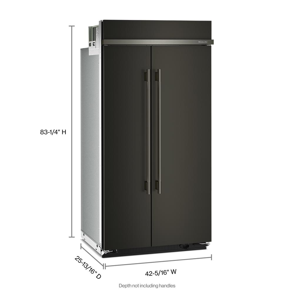 Built-in side-by-side refrigerator in dark finish with long vertical handles from KitchenAid appliance collection