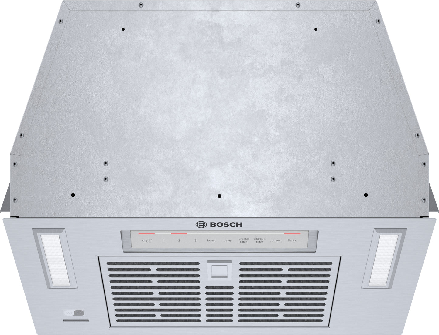 Top view of stainless steel custom insert ventilation system with control panel in Range Hoods and Appliances collections