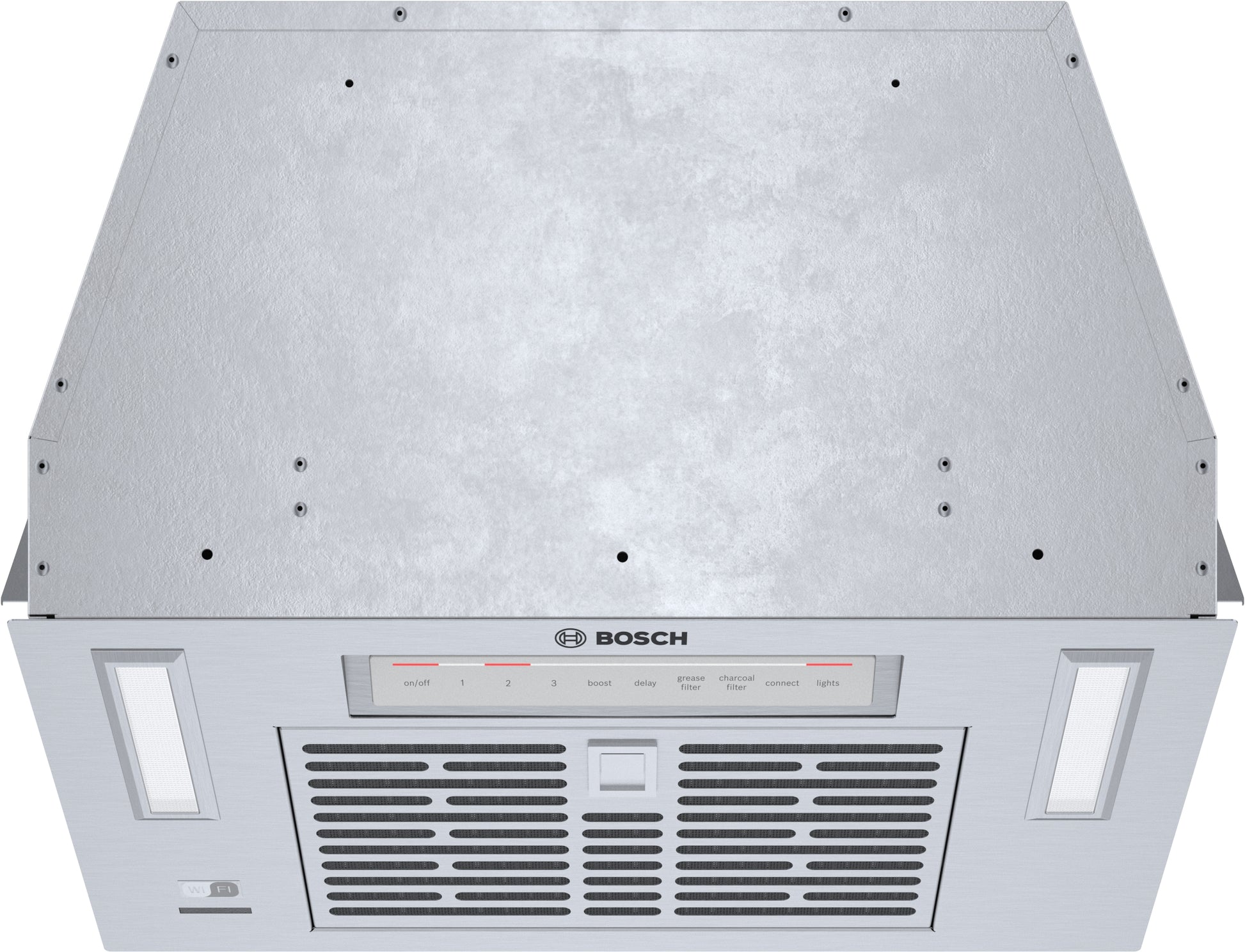 Top view of stainless steel custom insert ventilation system with control panel in Range Hoods and Appliances collections