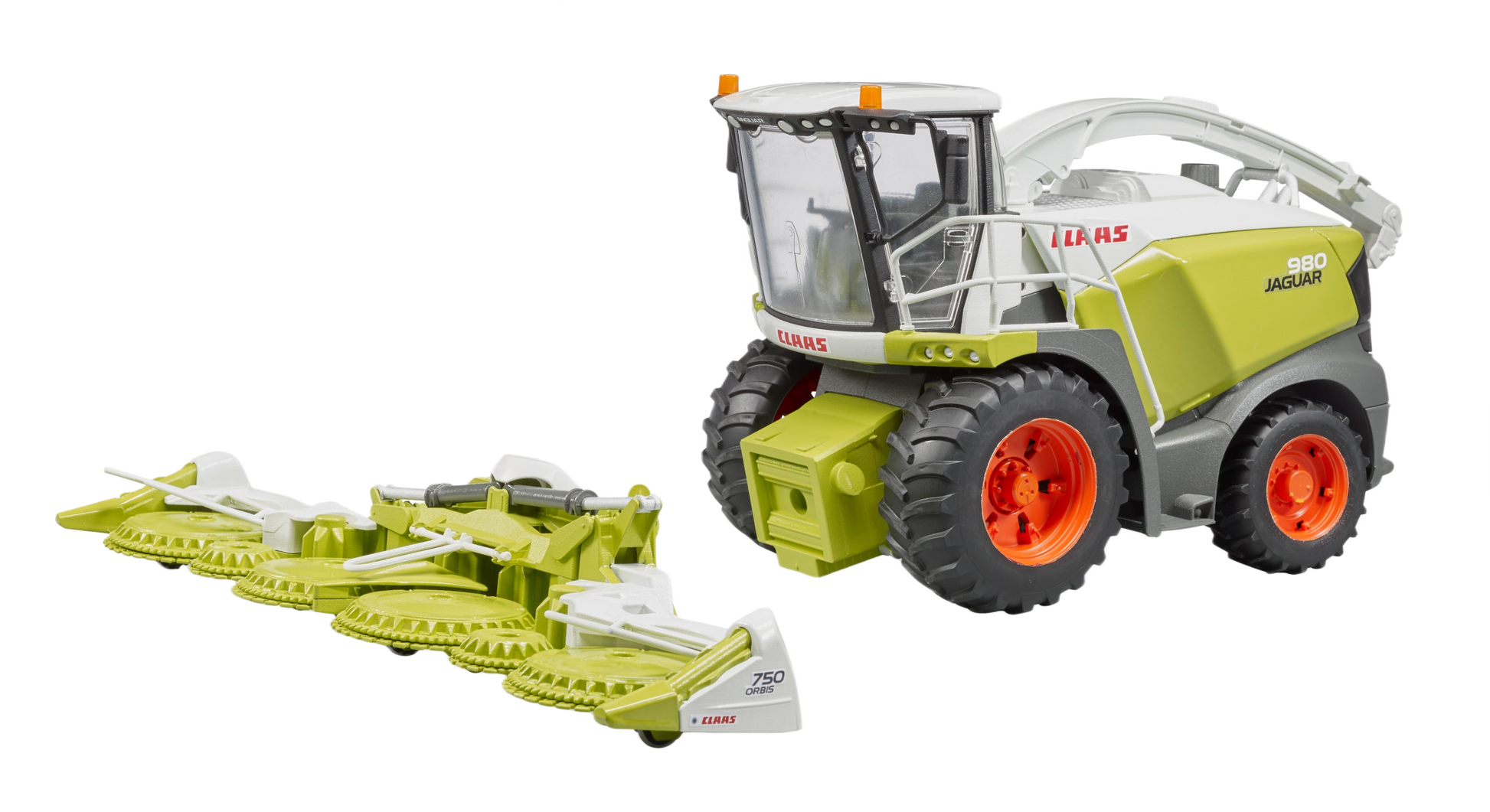 Detailed 1:16 scale model of a Claas Jaguar 980 forage harvester featuring green body and bright orange wheels