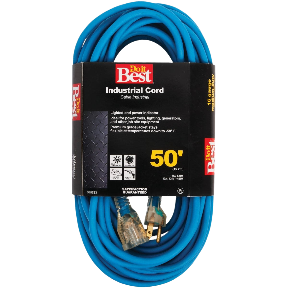 Blue 50 ft industrial outdoor extension cord with clear plug for electrical and home improvement use