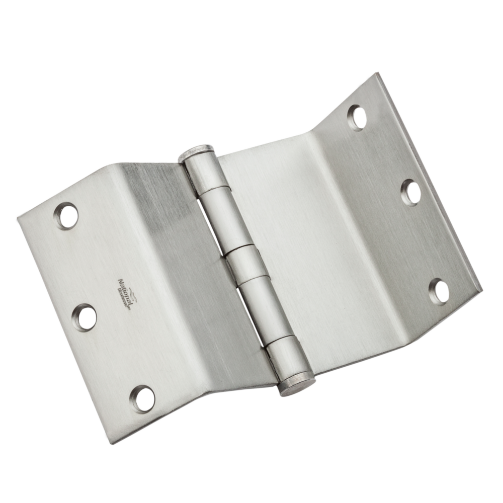 Heavy-duty satin chrome swing clear hinge with ribbed steel construction for durable door hardware and home improvement projects