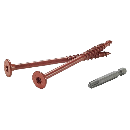 Two rust-colored hex washer head screws with one gray self-drilling bit for fastening in lumber and building materials collections