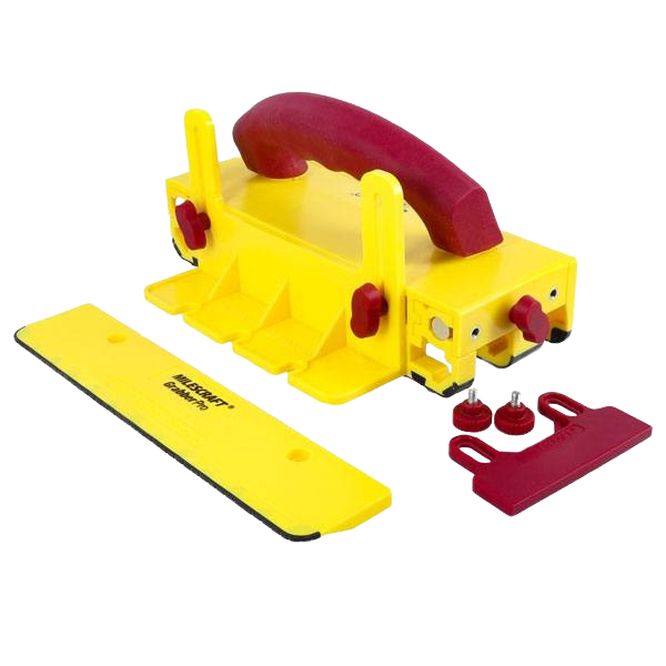 Yellow and maroon multi-purpose push block with adjustable guides and ergonomic handle for home improvement projects