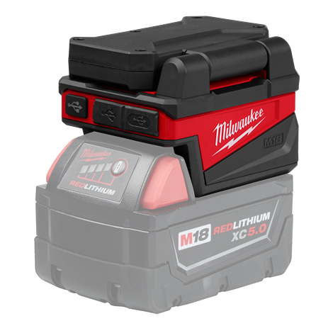 Milwaukee M18 REDLITHIUM XC 5.0 battery pack with USB ports for power tools and home improvement projects