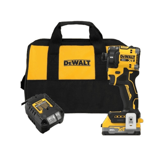 Compact yellow and black cordless impact driver with charger and branded tool bag for home improvement tasks