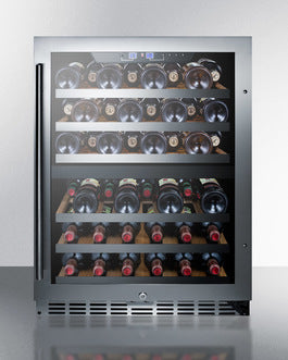 Built-in 24-inch dual zone wine cellar with tinted glass door, stainless steel frame, and digital temperature controls from Appliances collection