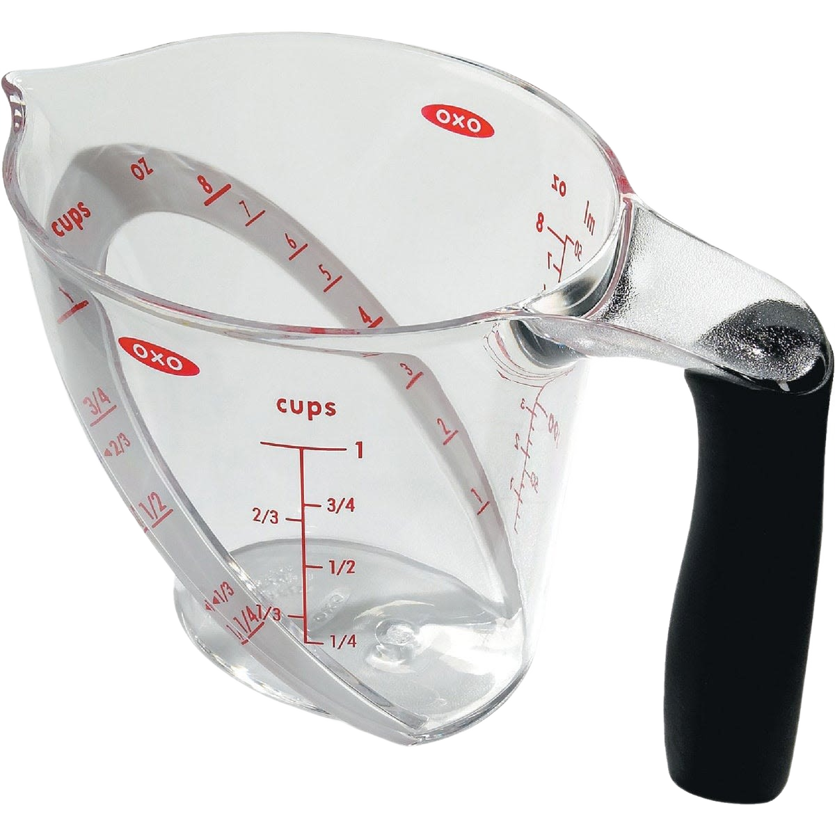 Clear angled measuring cup with black handle and red measurement markings for precise liquid measuring in kitchen tasks
