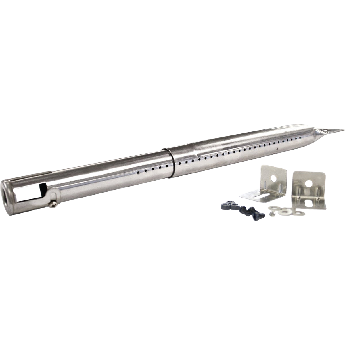 Stainless steel universal tube burner with adjustable air shutter and mounting hardware for grilling tools and outdoor living projects