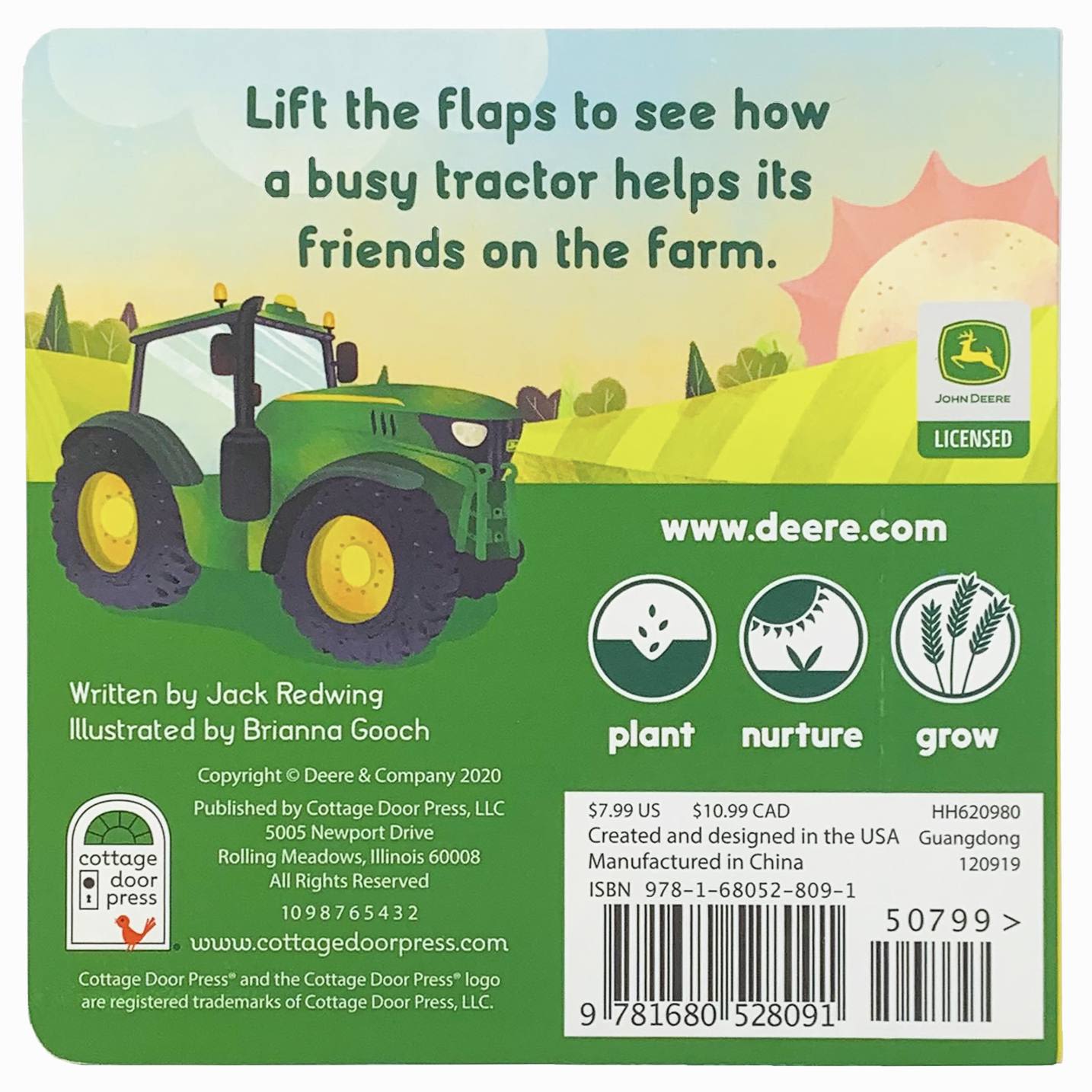 Back cover illustration of a green tractor with farm fields and a sun in the background for a kids' farm book.
