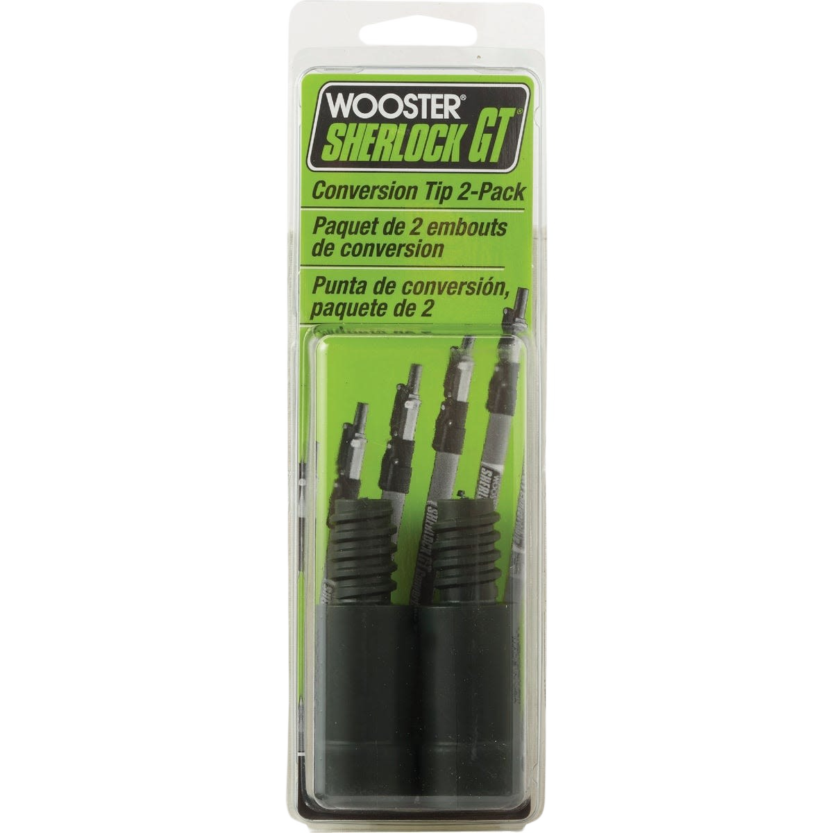 Package containing two black tip adapters for tools designed to convert paint roller handles in home improvement tasks