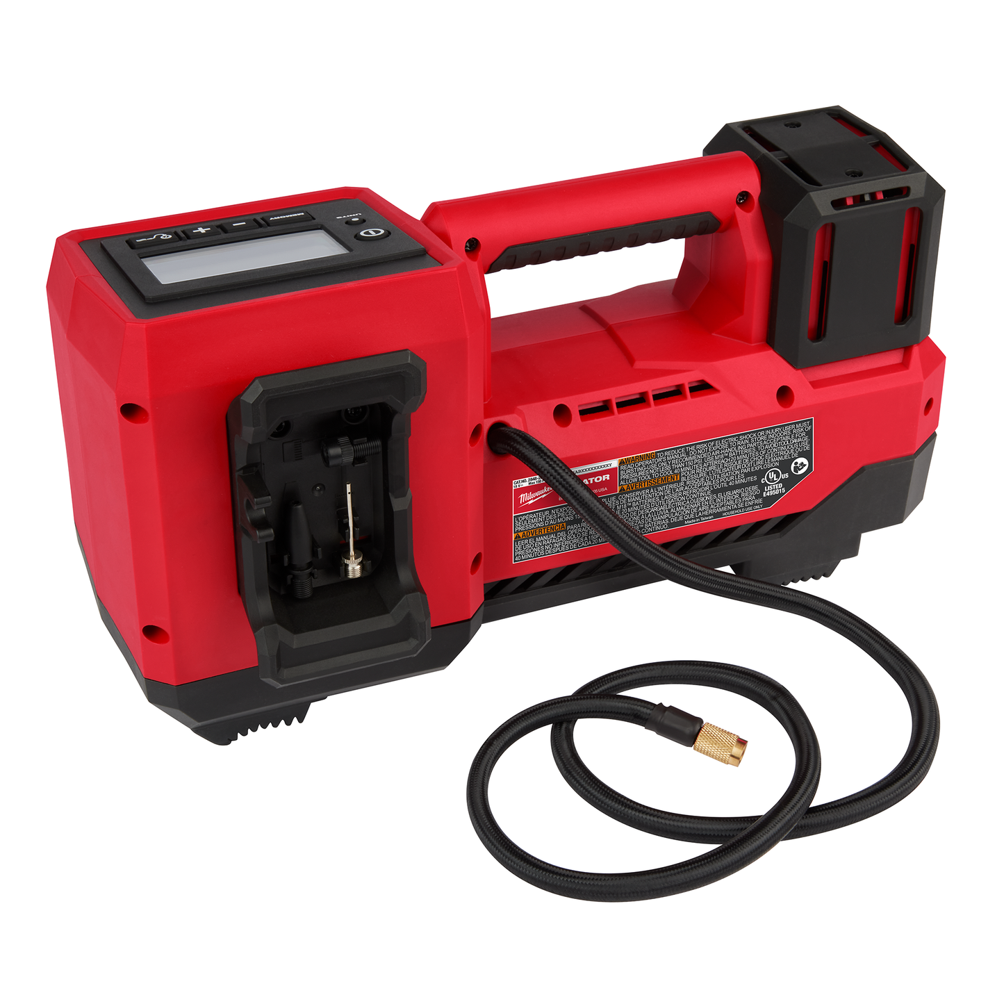 Red cordless tire inflator with digital controls and flexible hose for efficient tools and home improvement use