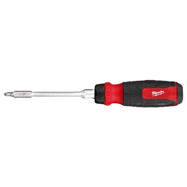 Ratchet screwdriver with red and black ergonomic handle and extendable bit holder for fastening tasks in hand tools collection