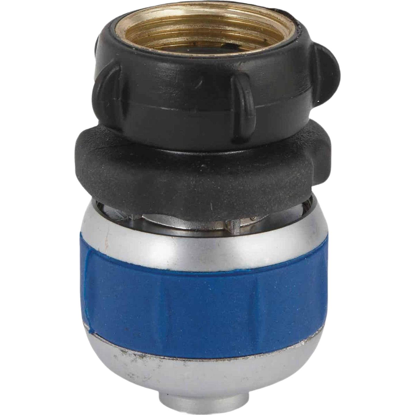 Metal garden hose end repair coupling with blue grip and black compression fitting for home improvement tools