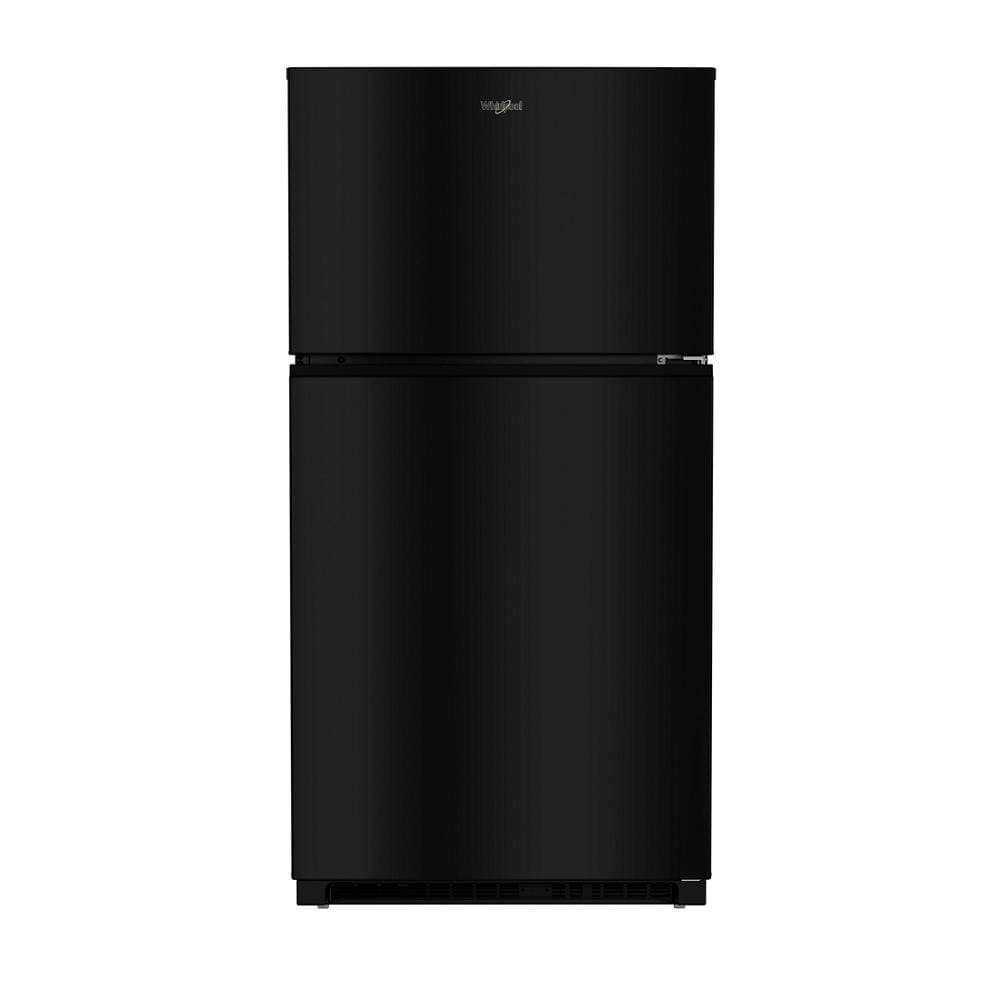 Front view of a black top freezer refrigerator with a smooth finish, part of Refrigerators and Kitchen & Kitchenware collections at Hartville Hardware.