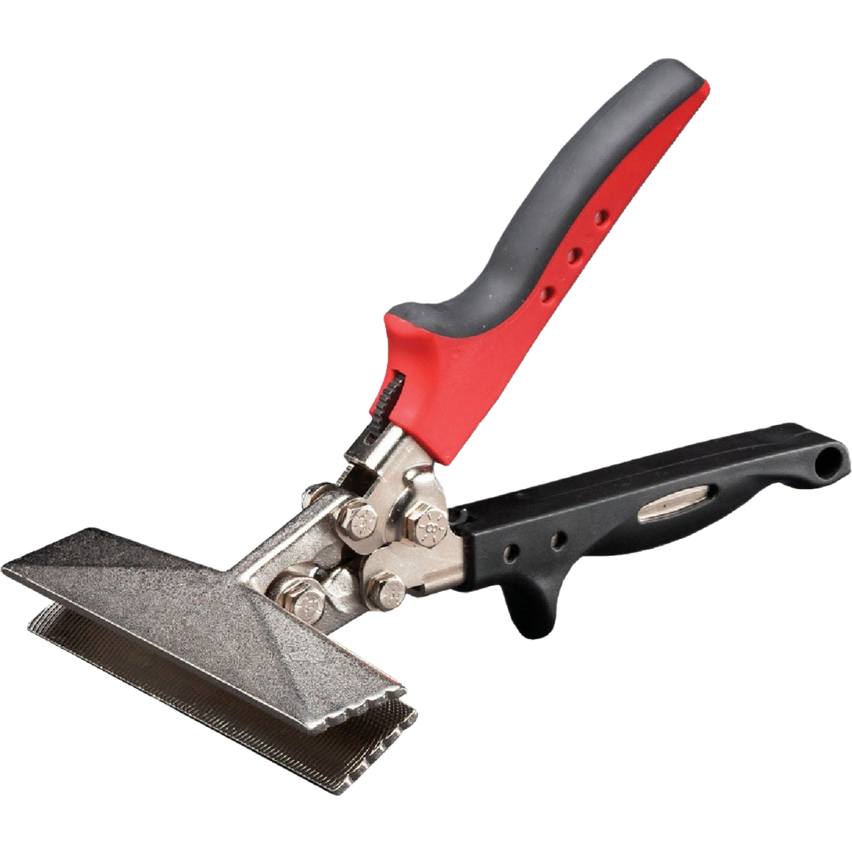 Metal hand seamer tool with red and black ergonomic handles for bending and shaping sheet metal in home improvement tasks