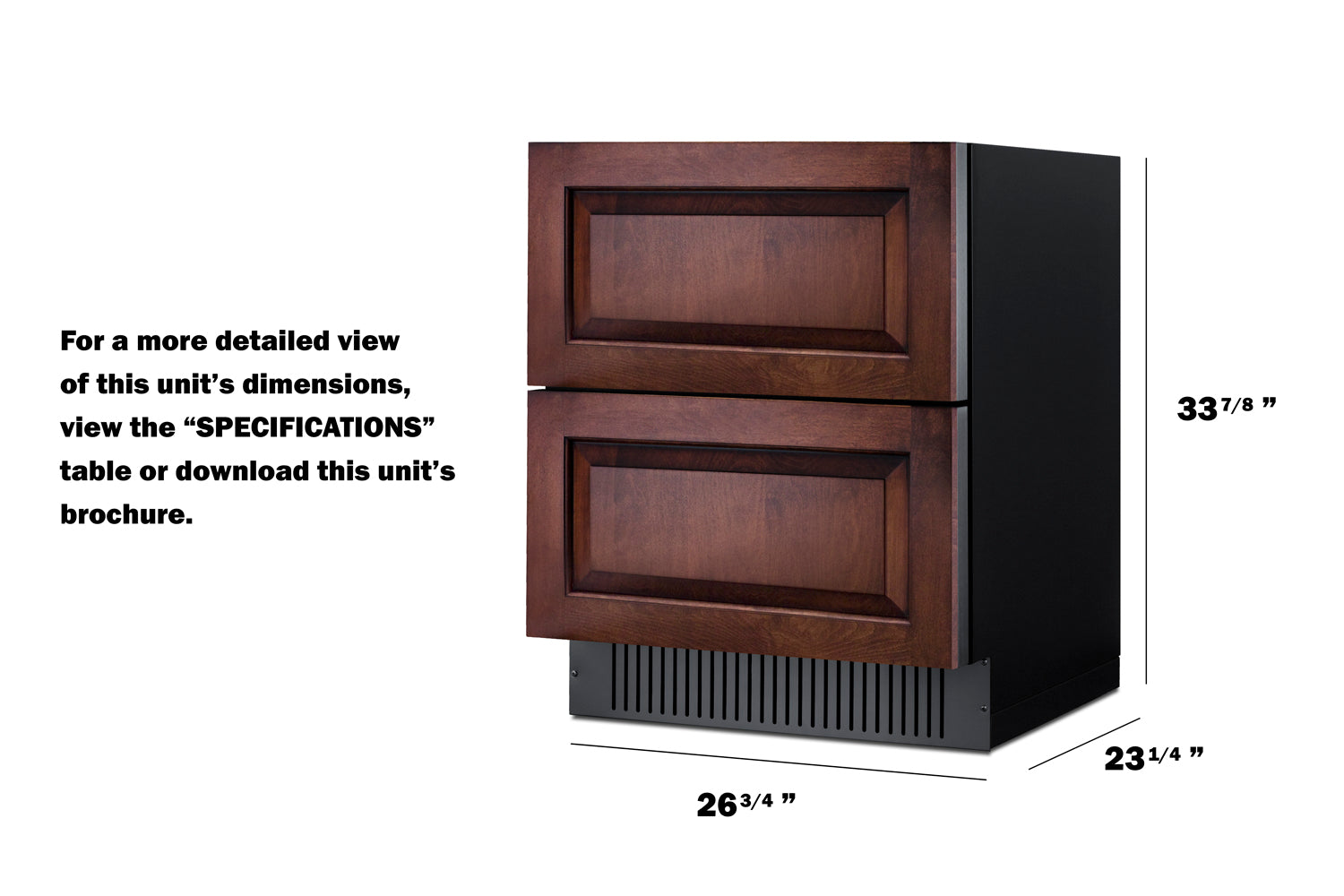 Built-in undercounter refrigeration unit with two wood-paneled drawers and vented base in kitchen appliances setting