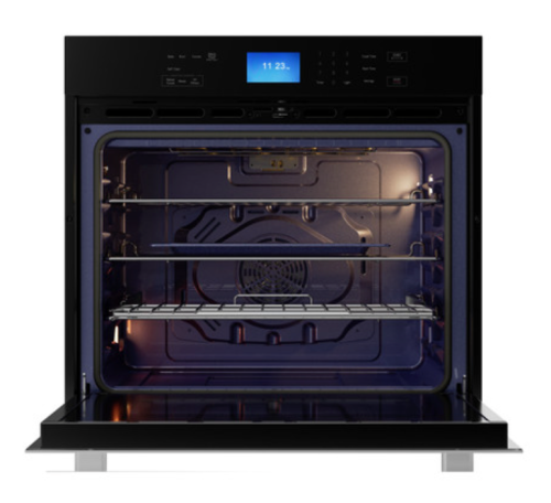 Open electric built-in wall oven with stainless steel racks, digital display, and black glass control panel from kitchen appliances collection
