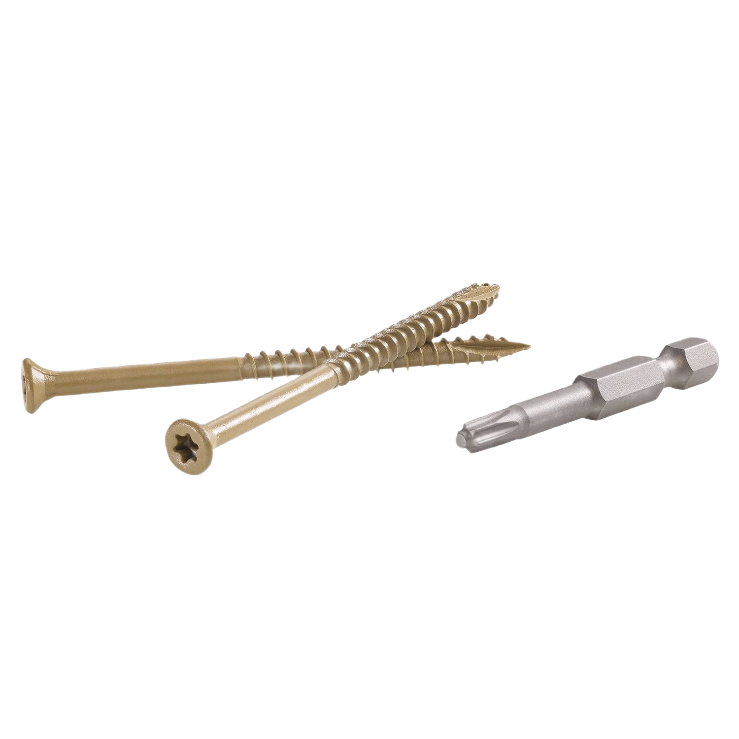 Two tan exterior wood screws with TORX ttap drive and a metal drill bit for deck and lumber projects under $50 collections