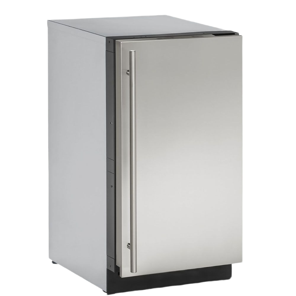 Compact stainless steel refrigerator with solid reversible door and vertical handle for kitchen and appliance use