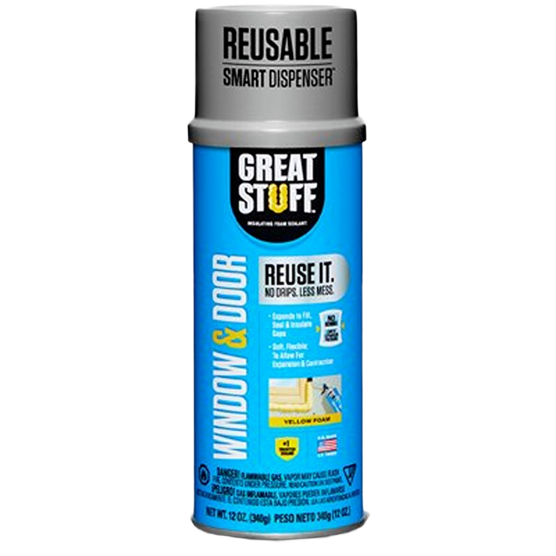Reusable Great Stuff insulating foam sealant can for window and door gap sealing in home improvement collections