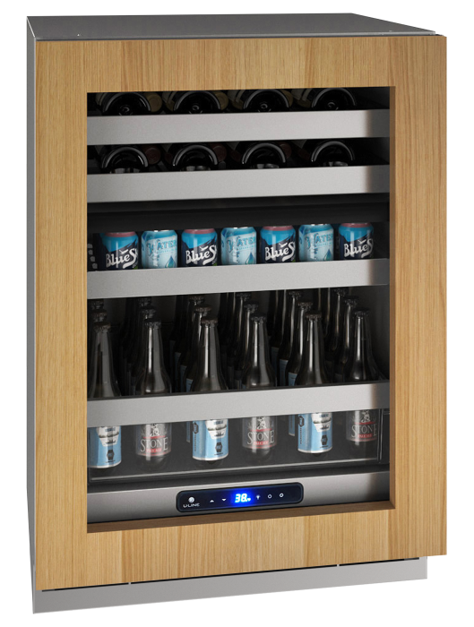 Stainless steel dual-zone beverage center with wood frame door storing wine bottles and canned drinks in kitchen appliances collection