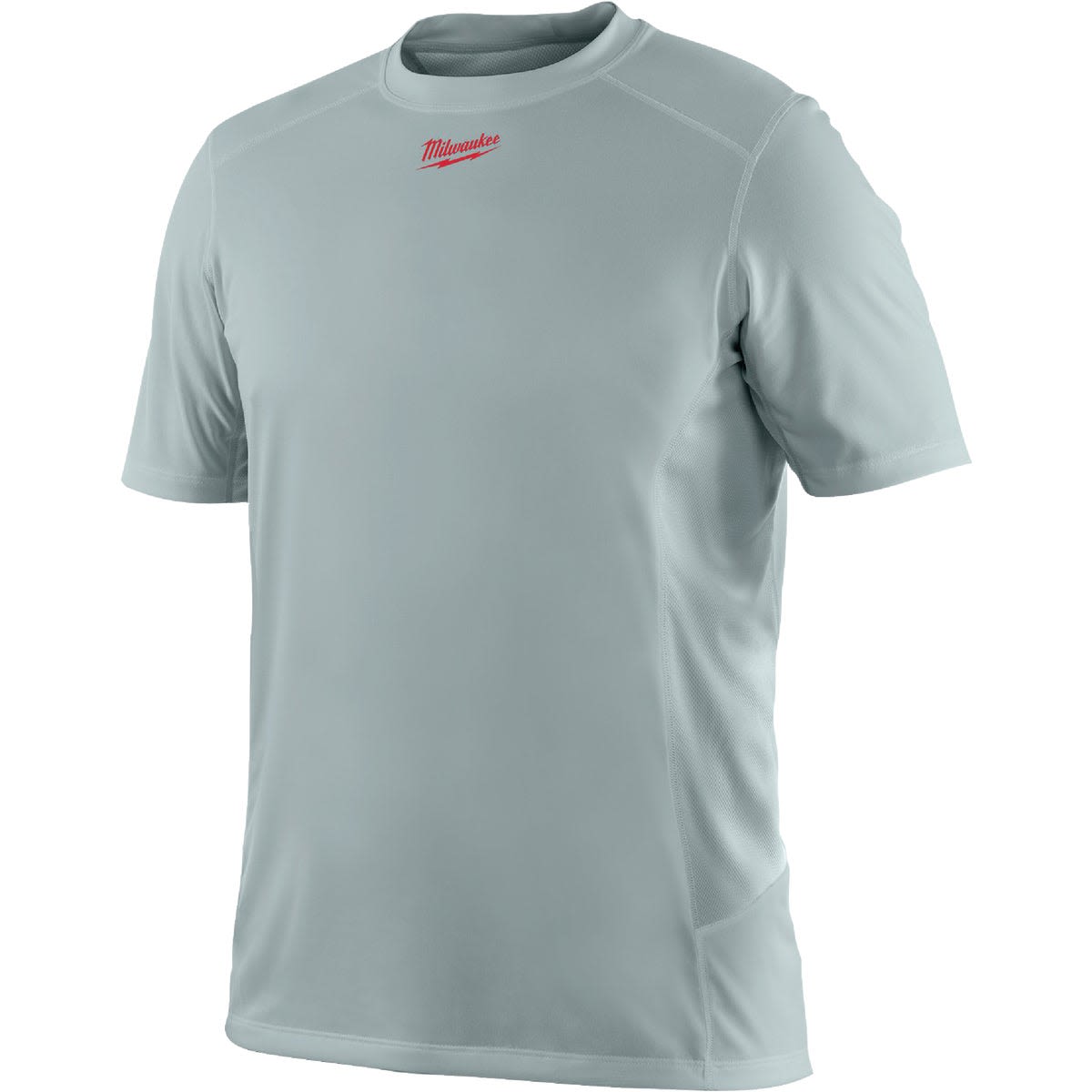 Medium gray lightweight short sleeve shirt with red logo, designed for comfort in Milwaukee apparel clothing collection