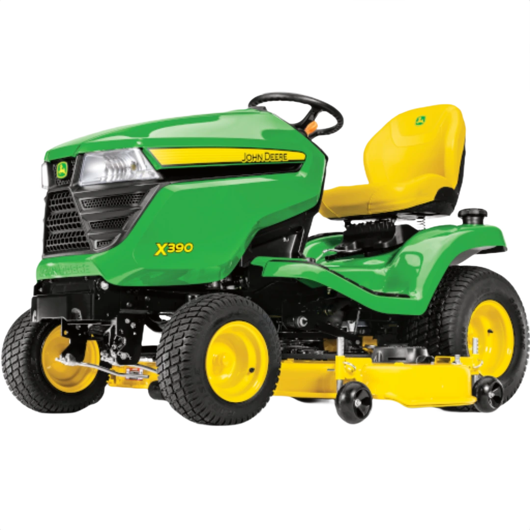 Green and yellow John Deere riding lawn tractor with ergonomic seat and 48-inch cutting deck for yard maintenance