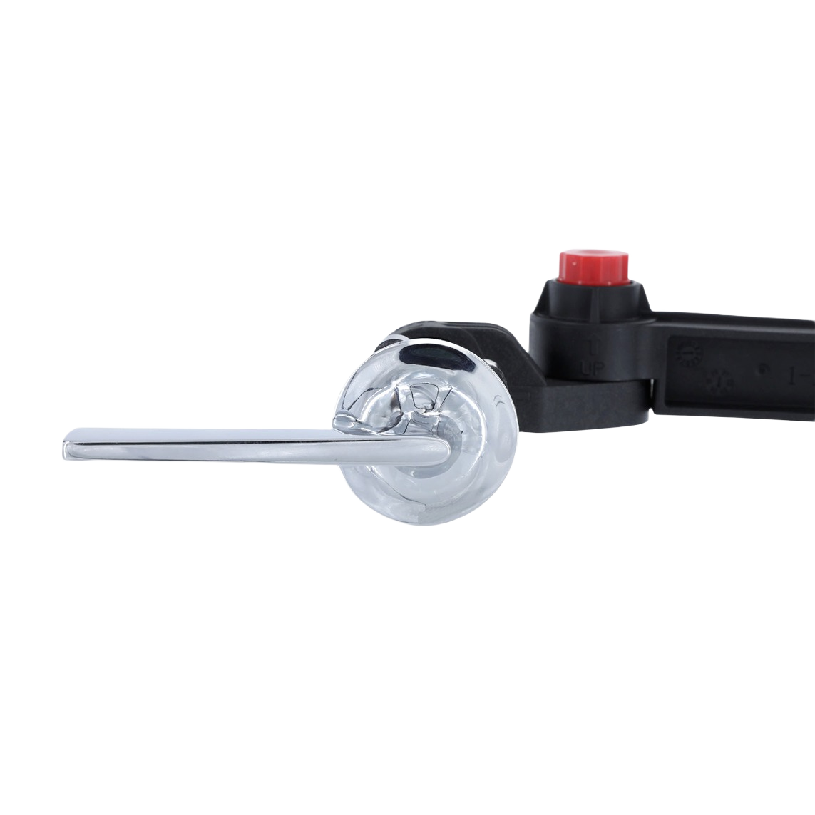 Chrome toilet tank lever handle with plastic mounting components for plumbing repair and toilet parts replacement