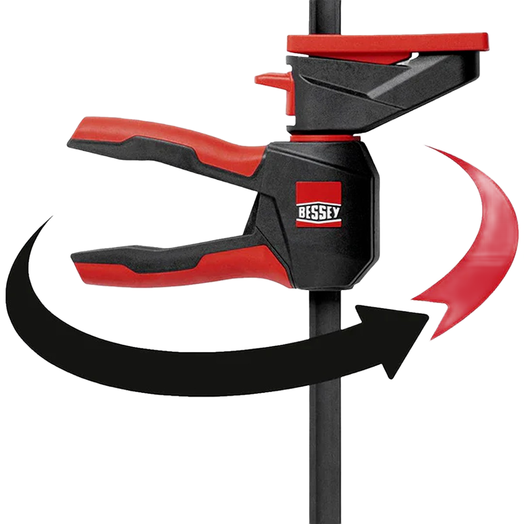 Compact one-handed trigger clamp with ergonomic red and black handle and 360-degree rotating feature for home improvement tasks