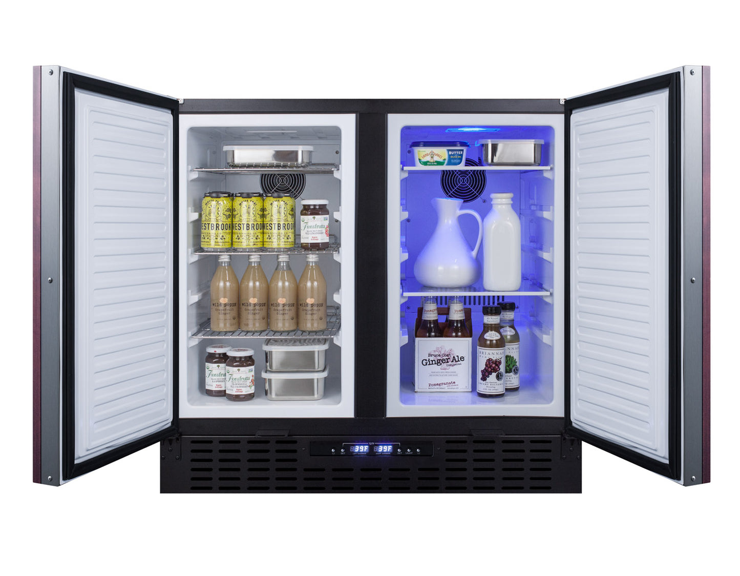 36-inch built-in refrigerator-freezer with dual doors open, stocked with beverages and containers in kitchen appliance setting