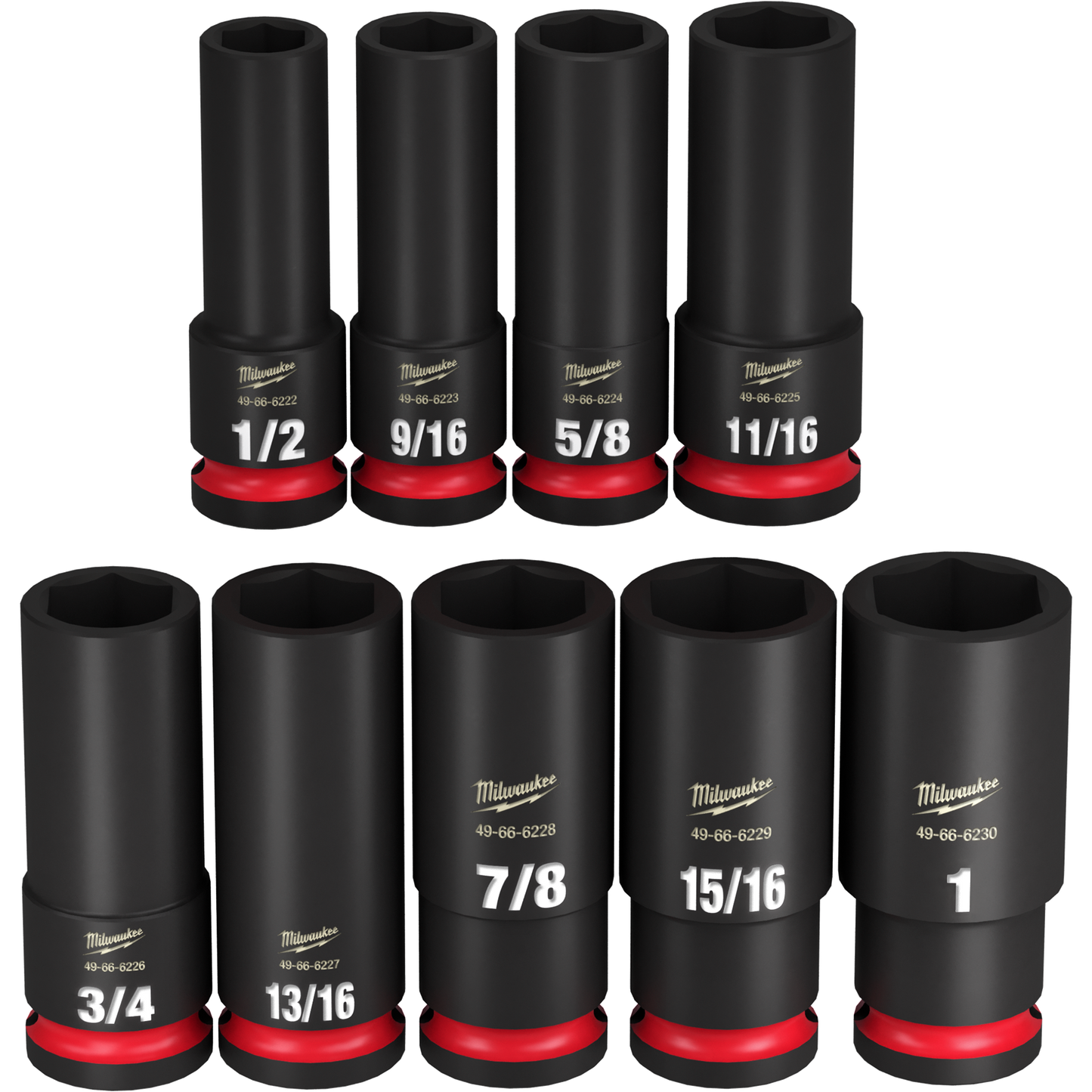 Set of black impact duty deep 6-point sockets in various sizes for hand tools and woodworking tool sets under $100 collection